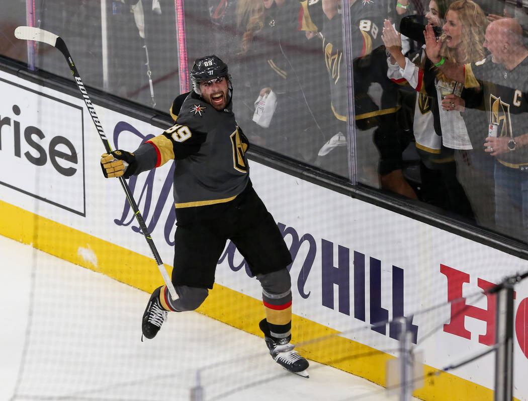 Vegas Golden Knights right wing Alex Tuch (89) celebrates after scoring against the San Jose Sh ...
