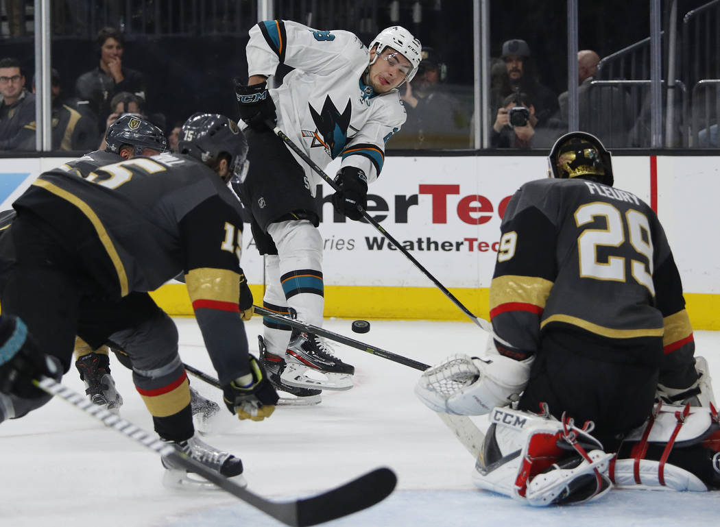 San Jose Sharks right wing Timo Meier (28) passes against the Vegas Golden Knights during the f ...