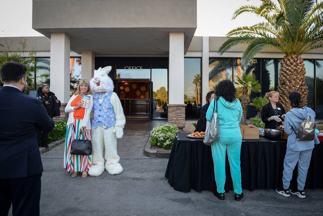 An Easter bunny and a buffet great guests before a sunrise Easter service at the Palm Mortuarie ...