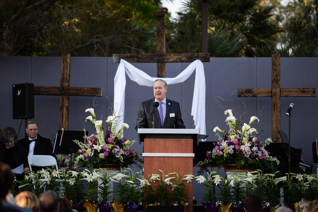 John Horton delivers a sermon during a sunrise Easter service at the Palm Mortuaries and Cemete ...