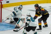 Golden Knights right wing Mark Stone (61) scores his third goal of the night on San Jose Sharks ...