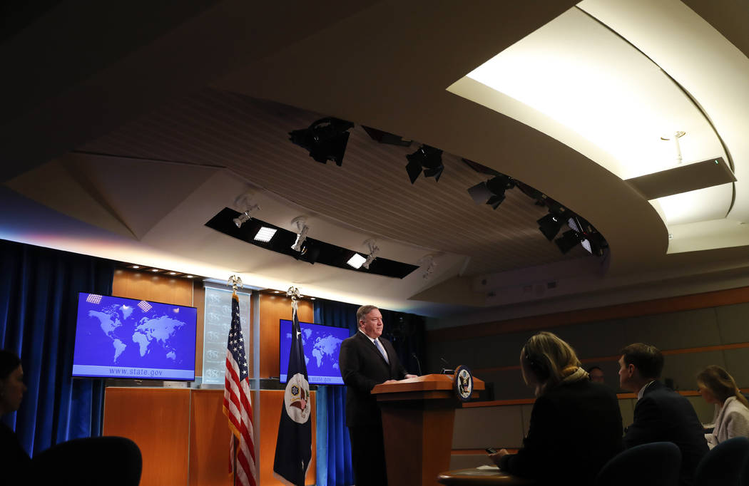Secretary of State Mike Pompeo speaks during a news conference at the State Department in Washi ...