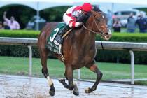 In a photo provided by Oaklawn Park, Omaha Beach, with jockey Mike Smith, wins the Arkansas Der ...