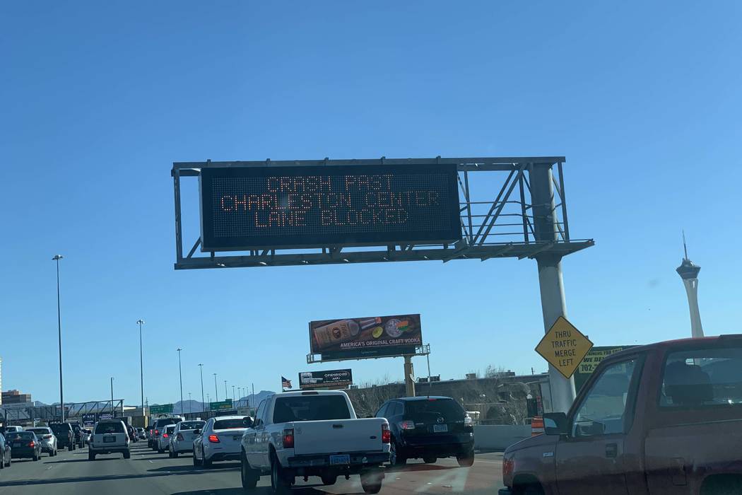 A semitrailer stopped in the middle of Interstate 15 near Charleston Boulevard has slowed traff ...