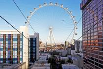 Guests on the new Fly Linq Zipline at the Linq Hotel in Las Vegas, Thursday, Nov. 1, 2018. Part ...