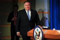 Secretary of State Mike Pompeo arrives to speak at the State Department in Washington, Wednesda ...