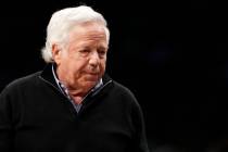 FILE - In this April 10, 2019, file photo, New England Patriots owner Robert Kraft leaves his s ...