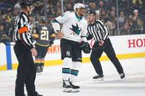 San Jose Sharks left wing Evander Kane (9) gets sent to the penalty box during the first period ...