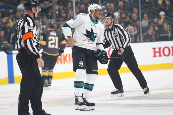 San Jose Sharks left wing Evander Kane (9) gets sent to the penalty box during the first period ...