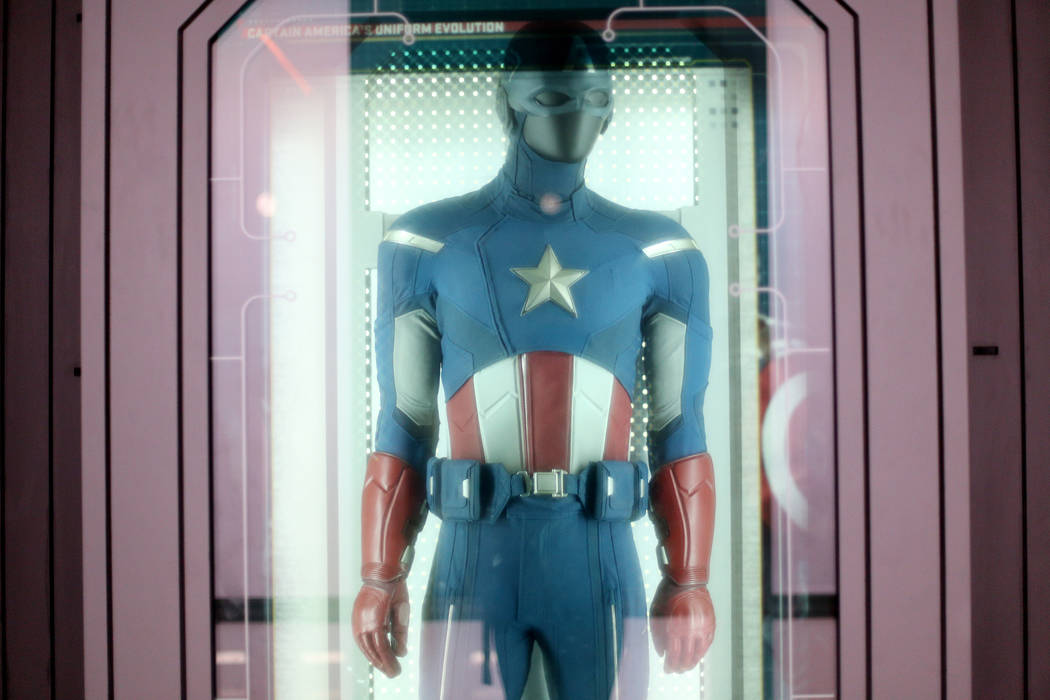 The original Captain America costume from the 2012 Avengers film at the Avengers S.T.A.T.I.O.N ...