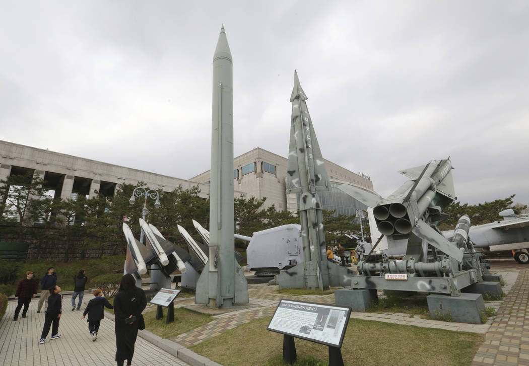 A mock North Korea's Scud-B missile, left, and South Korean missiles are displayed at Korea War ...