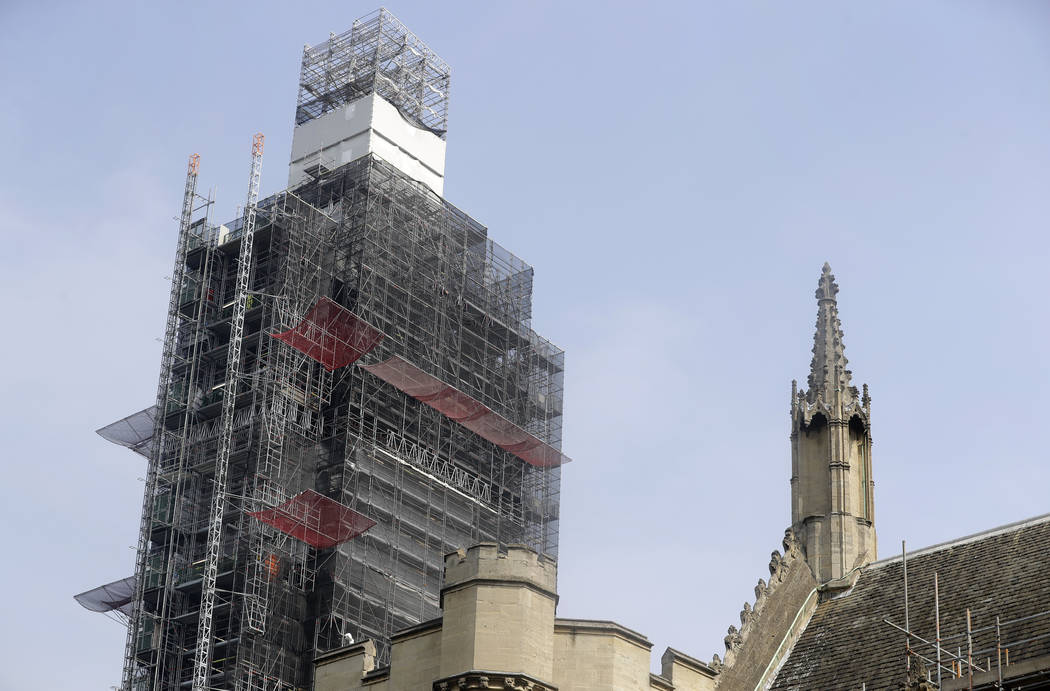 Britain's Elizabeth Tower, which houses the clock Big Ben is covered in scaffolding, in London ...