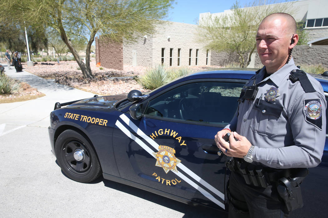 Nevada Highway Patrol trooper Jacob Fisher after a news conference at NHP Southern Command in L ...