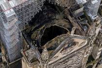 An aerial shot on Wednesday April 17, 2019, shows the fire damage to Notre Dame Cathedral in Pa ...