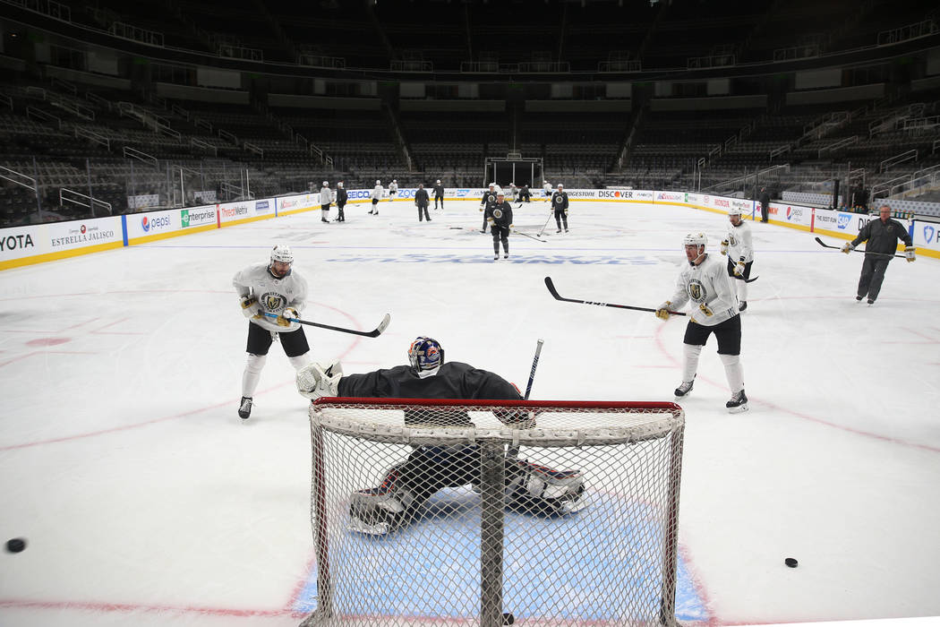 The Vegas Golden Knights practice before Game 5 of an NHL Western Conference quarterfinal serie ...