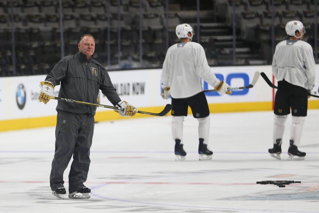 Vegas Golden Knights head coach Gerard Gallant during a team practice before Game 5 of an NHL W ...