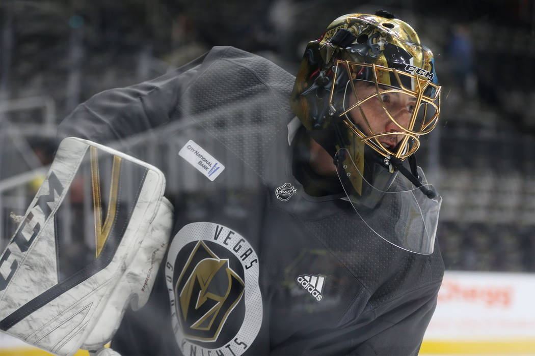 Vegas Golden Knights goaltender Marc-Andre Fleury (29) during a team practice before Game 5 of ...