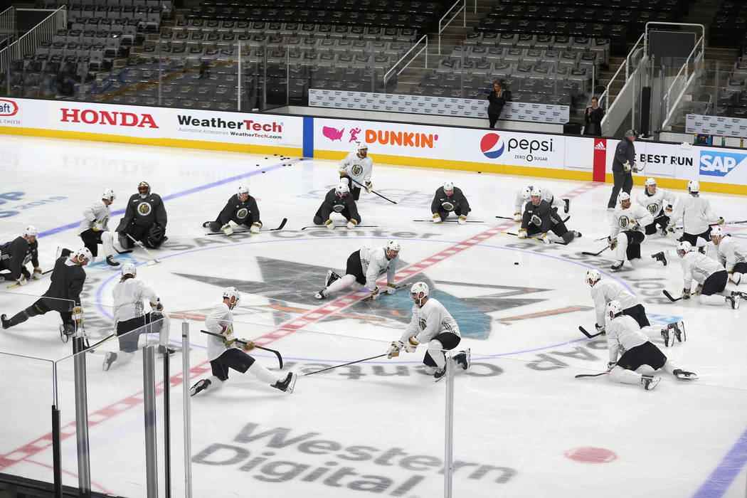 The Vegas Golden Knights stretch during a team practice before Game 5 of an NHL Western Confere ...