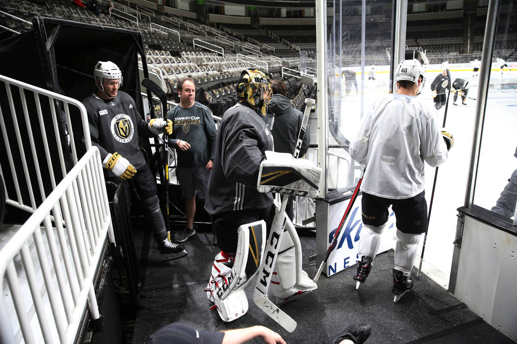 Vegas Golden Knights goaltender Marc-Andre Fleury (29), center, takes the ice for a team practi ...