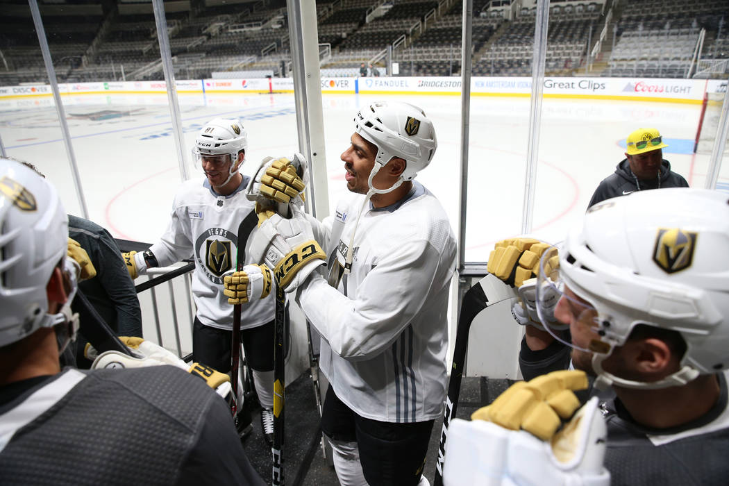 The Vegas Golden Knights wait to take the ice for a team practice before Game 5 of an NHL Weste ...