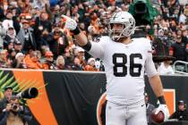 Oakland Raiders tight end Lee Smith celebrates after scoring a touchdown in the first half of a ...
