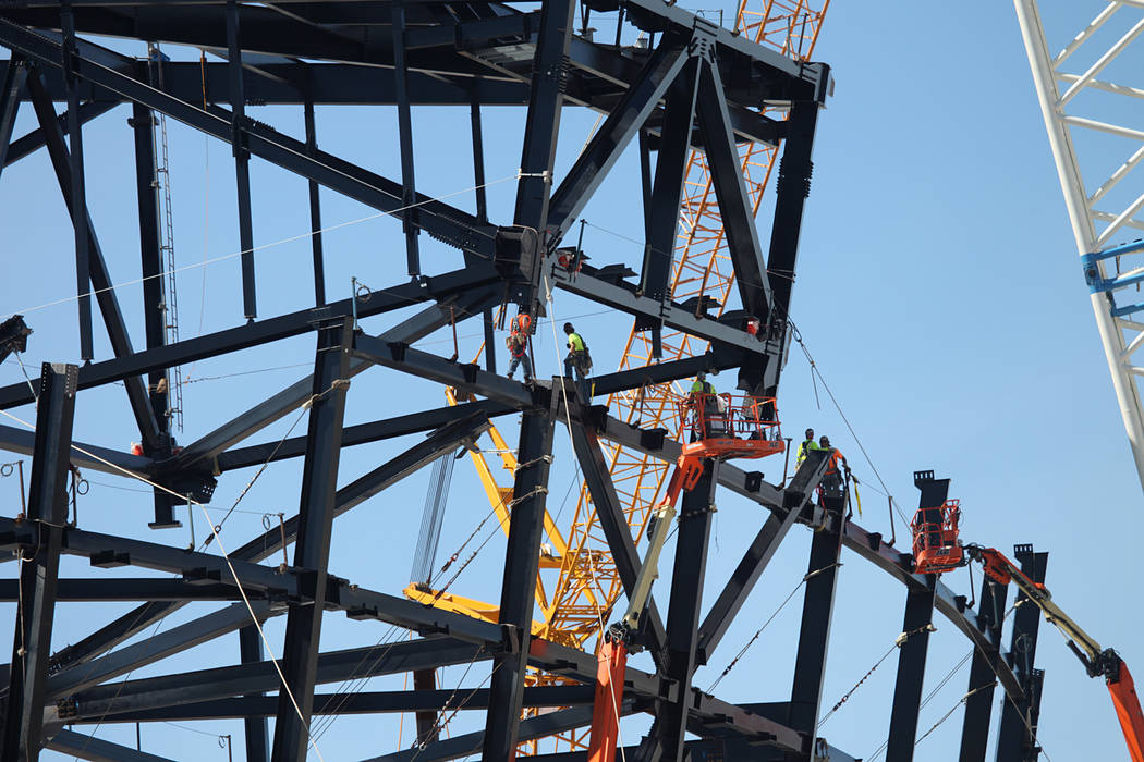 A truss is installed at the Las Vegas Raiders Stadium construction site in Las Vegas, Wednesday ...