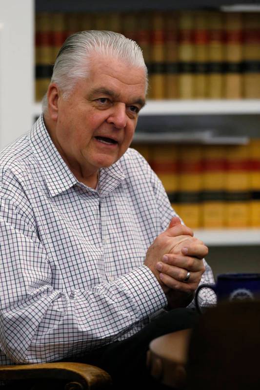 Nevada Gov. Steve Sisolak talks about his first 100 days in office, at the Capitol, in Carson C ...
