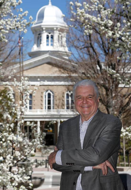 Nevada Gov. Steve Sisolak talks about his first 100 days in office, at the Capitol, in Carson C ...