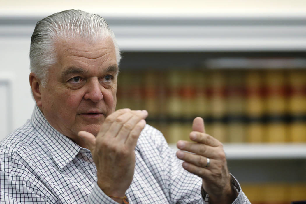 Nevada Gov. Steve Sisolak talks about his first 100 days in office, at the Capitol, in Carson C ...