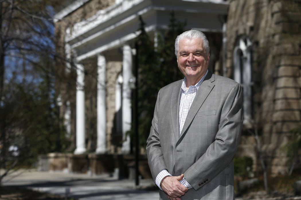 Nevada Gov. Steve Sisolak talks about his first 100 days in office, at the Capitol, in Carson C ...