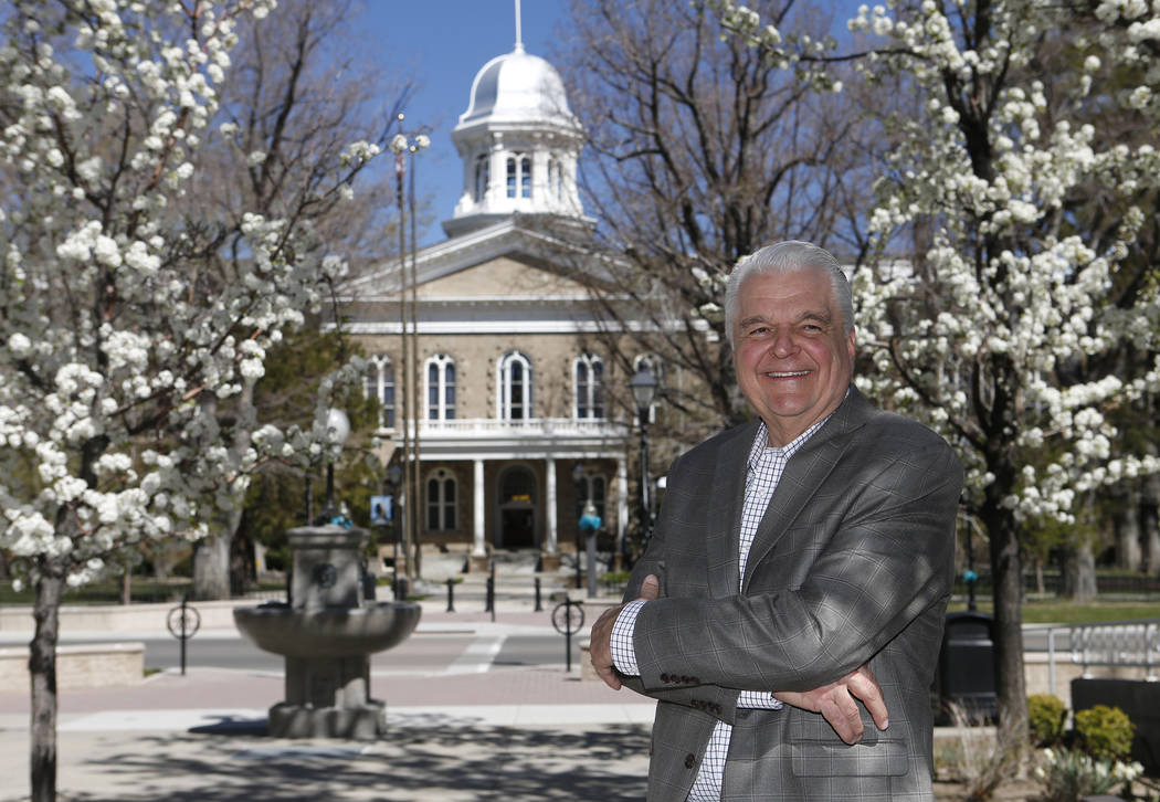 Nevada Gov. Steve Sisolak talks about his first 100 days in office, at the Capitol, in Carson C ...