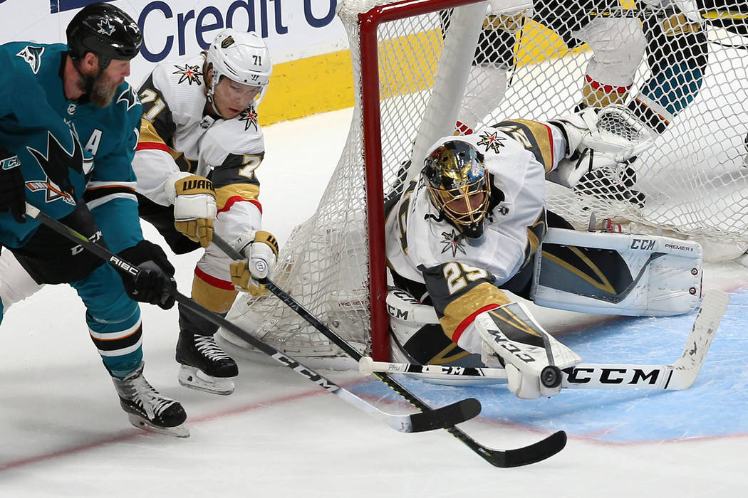 Vegas Golden Knights goaltender Marc-Andre Fleury (29) makes a stop against San Jose Sharks cen ...