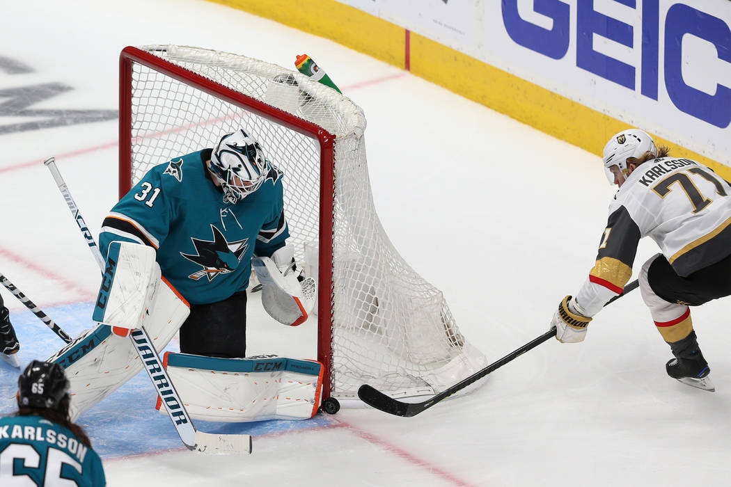 Vegas Golden Knights center William Karlsson (71) shoots the puck against San Jose Sharks goalt ...