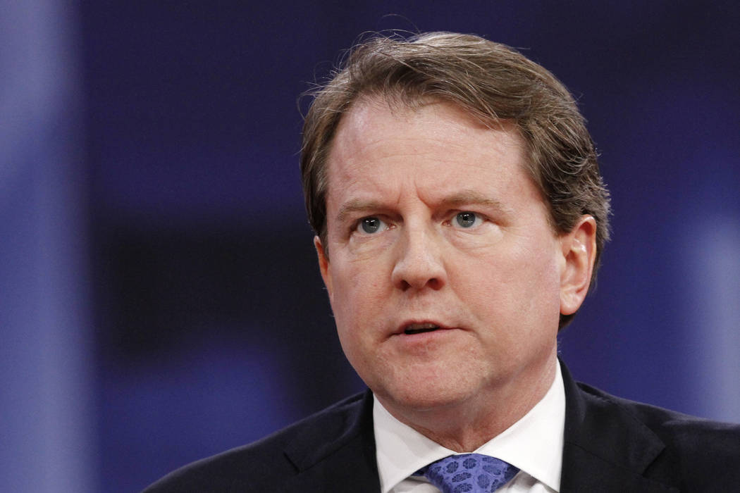 Former White House counsel Don McGahn speaks Feb. 22, 2018, at the Conservative Political Actio ...