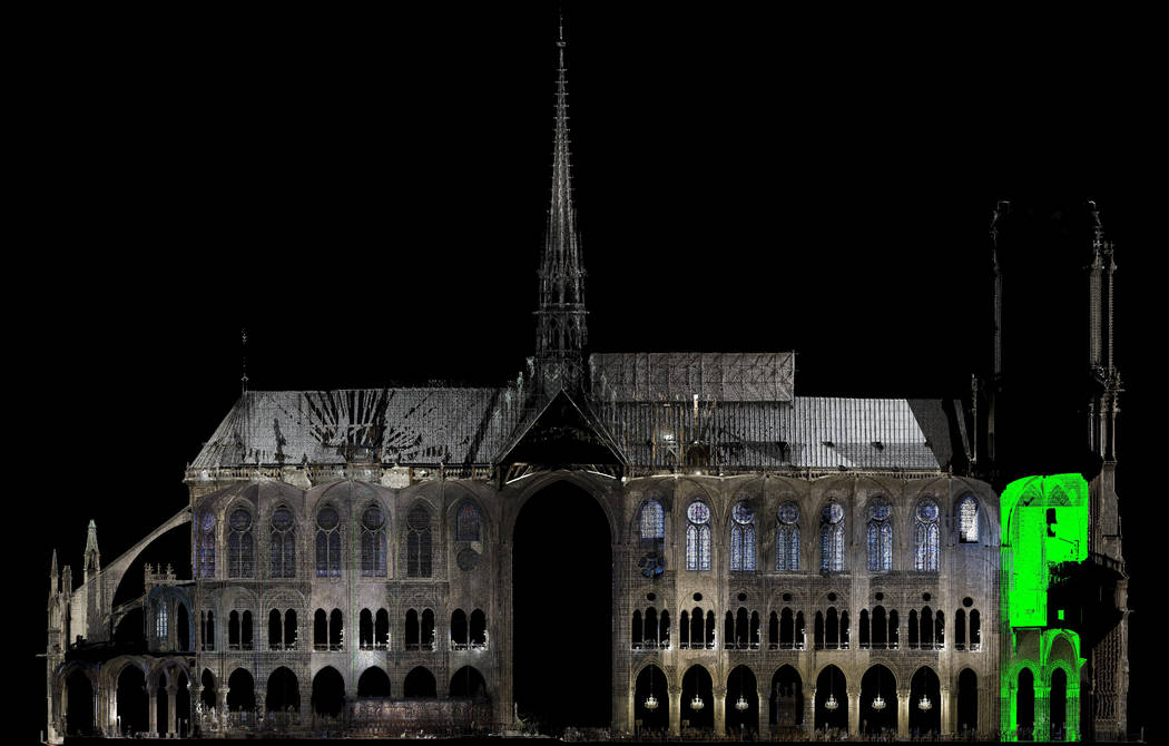 This image provided by Vassar College on Thursday, April 18, 2019 shows a 3D map of Notre Dame ...