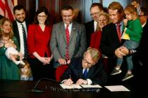 FILE - In this April 11, 2019 file photo, Gov. Mike DeWine speaks before signing a bill imposin ...