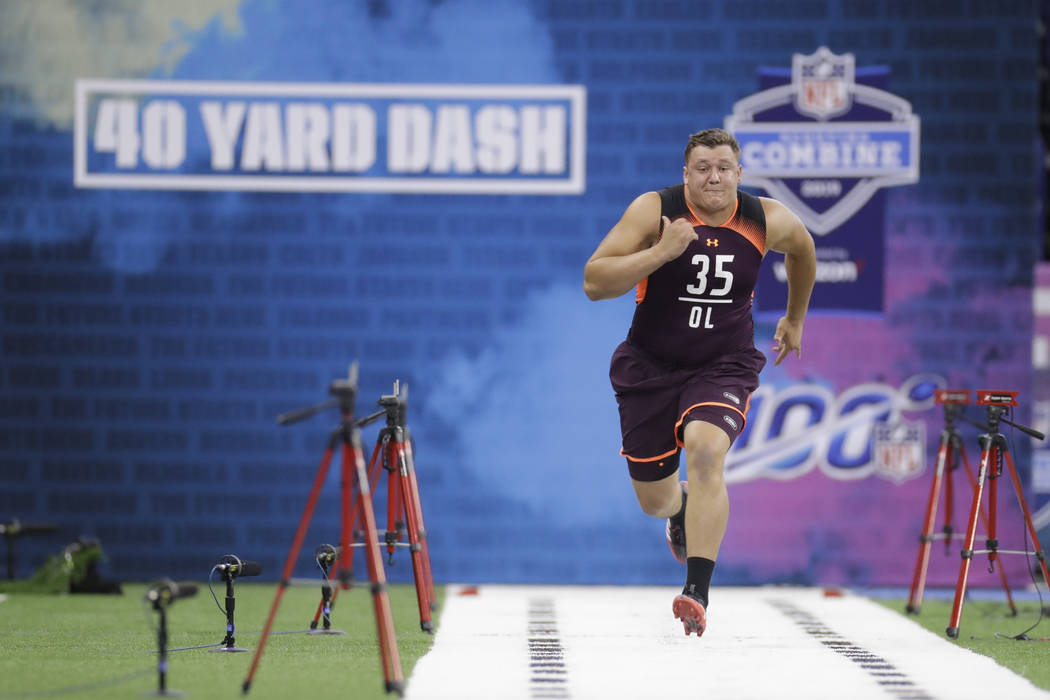 Boston College offensive lineman Chris Lindstrom runs the 40-yard dash during the NFL football ...