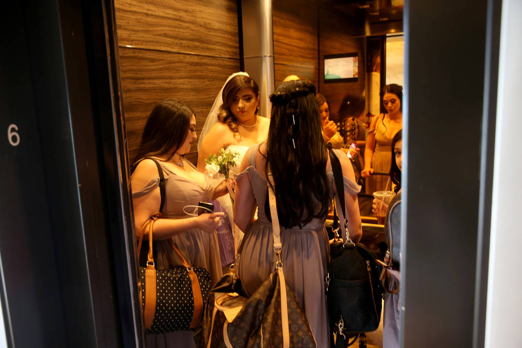 Bride Kimberly King with her bridesmaids at the M Resort in Henderson Friday, April 19, 2019. K ...