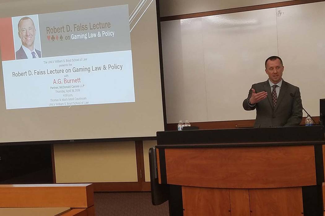 Former state Gaming Control Board Chairman A.G. Burnett addresses the Robert D. Faiss Lecture o ...