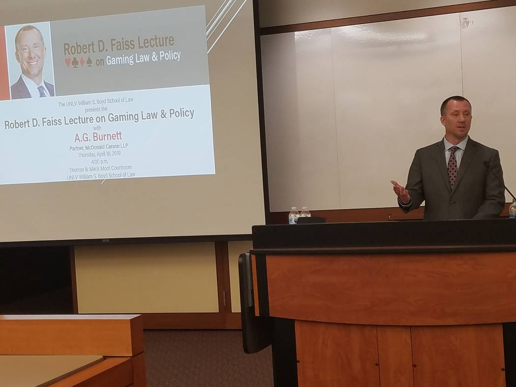 Former state Gaming Control Board Chairman A.G. Burnett addresses the Robert D. Faiss Lecture o ...