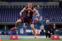 Utah linebacker Cody Barton runs a drill at the NFL football scouting combine in Indianapolis, ...