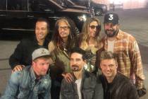 Steven Tyler and his girlfriend, Aimee Ann Preston, are shown with members of the Backstreet Bo ...