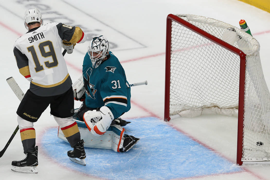 San Jose Sharks goaltender Martin Jones (31) misses a shot for a score by Vegas Golden Knights ...