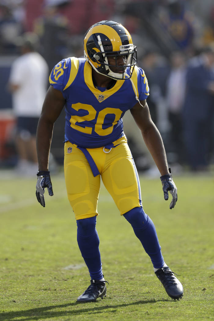 Los Angeles Rams free safety Lamarcus Joyner warms up before an NFL football game against the S ...