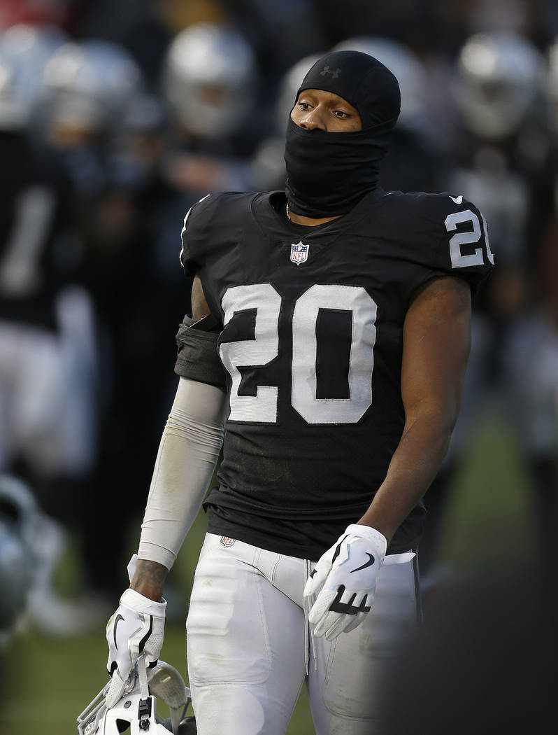 Oakland Raiders cornerback Daryl Worley (20) walks off the field during the second half of an N ...