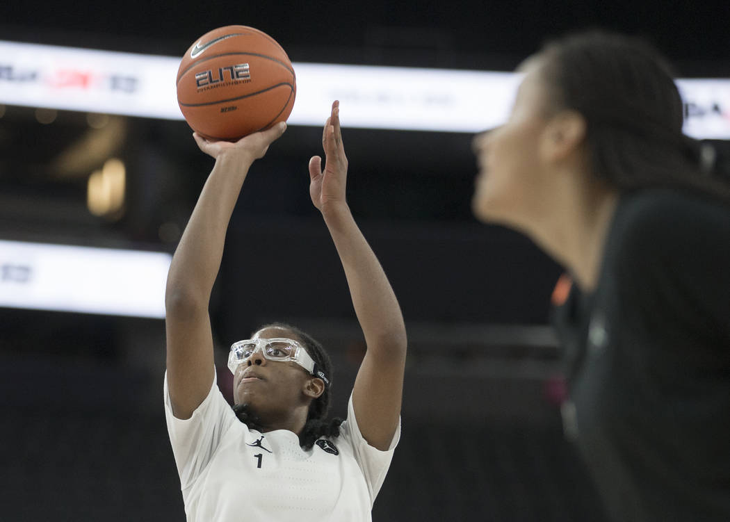 Francesca Belibi (1) shoots a free throw in the fourth quarter during the Jordan Brand Classic ...