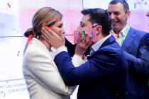 Ukrainian comedian and presidential candidate Volodymyr Zelenskiy, and his wife Olena Zelenska ...