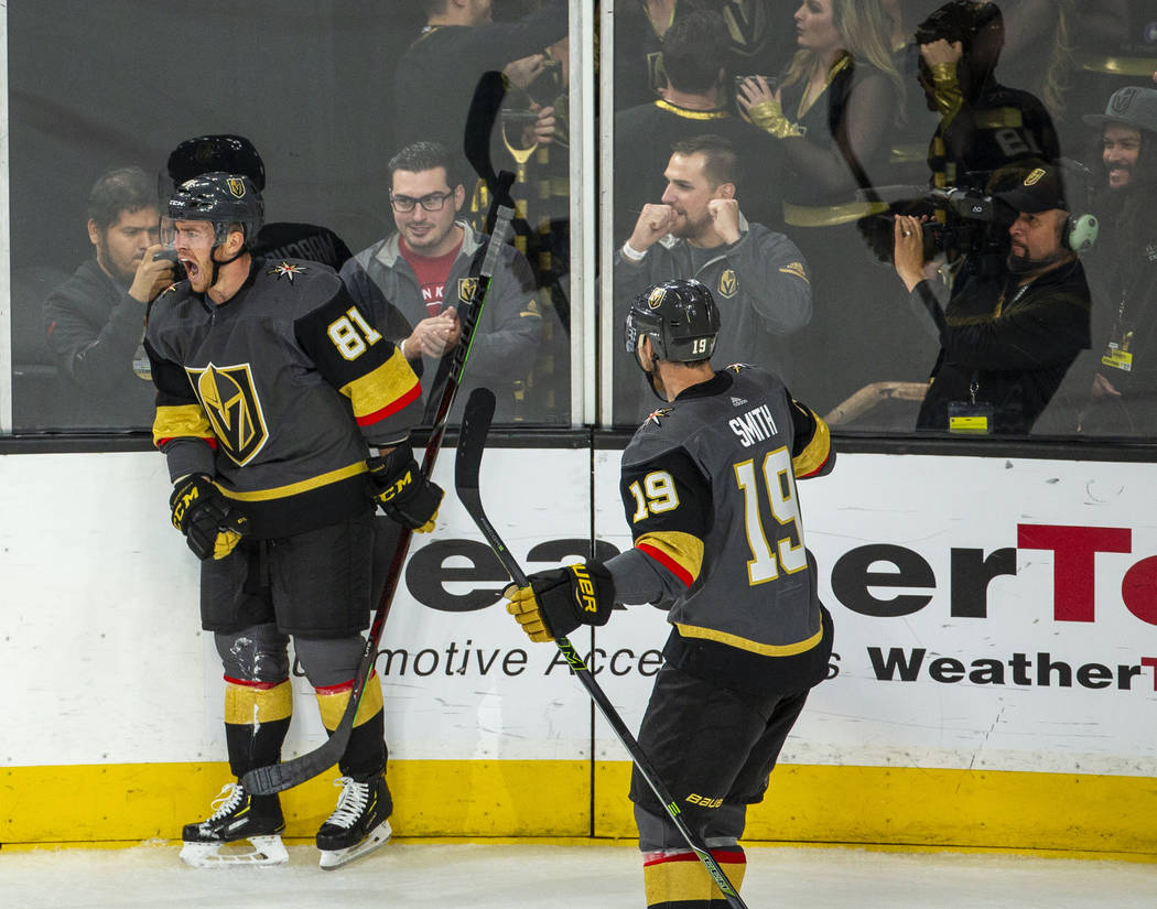 Golden Knights center Jonathan Marchessault (81) celebrates the first goal of the night during ...