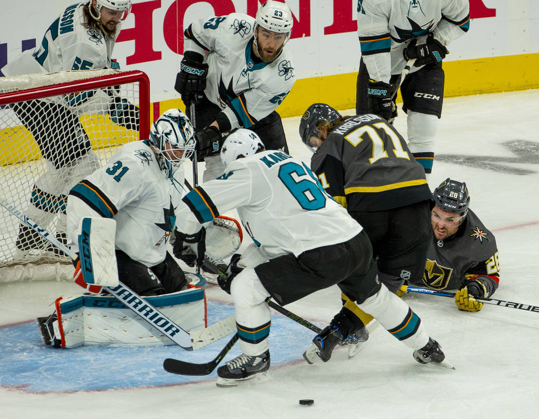 Golden Knights left wing William Carrier (28) watches an opportunity get away versus San Jose S ...