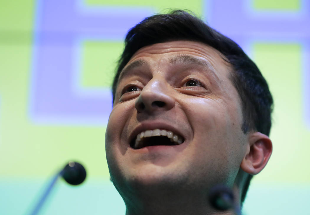 Ukrainian comedian and presidential candidate Volodymyr Zelenskiy speaks to the media and his s ...